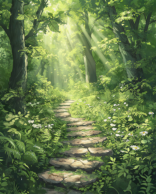 A lush green forest scene with a stone path winding through dense foliage, dappled sunlight streaming through the trees, and small white flowers along the walkway.