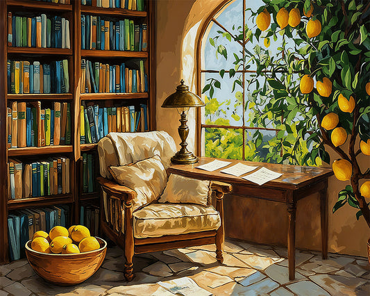 Cozy room with bookshelves, chair, desk, and lemon tree outside the window.