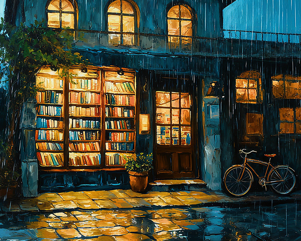 Painting of a bookshop with rain pouring down, illuminated by warm interior light.