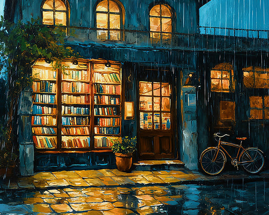 Painting of a bookshop with rain pouring down, illuminated by warm interior light.