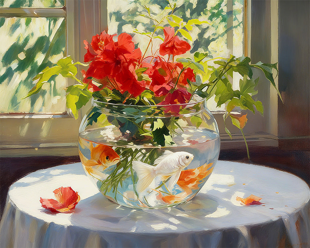 A still-life painting of a round glass fishbowl filled with orange and white goldfish, placed on a white draped table in front of a sunlit window. The fishbowl is filled with bright red flowers and green leaves.