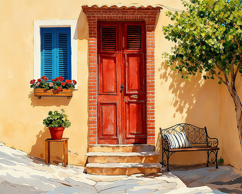 Traditional Italian door with red wooden doors, blue shutters, and a bench on a sunny day.