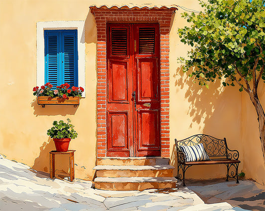 Traditional Italian door with red wooden doors, blue shutters, and a bench on a sunny day.