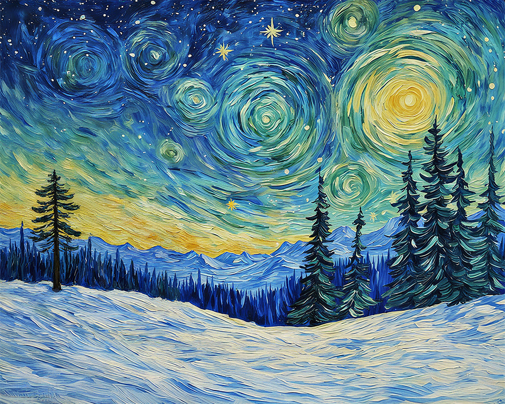 Starry night sky over a snowy landscape with trees and mountains.