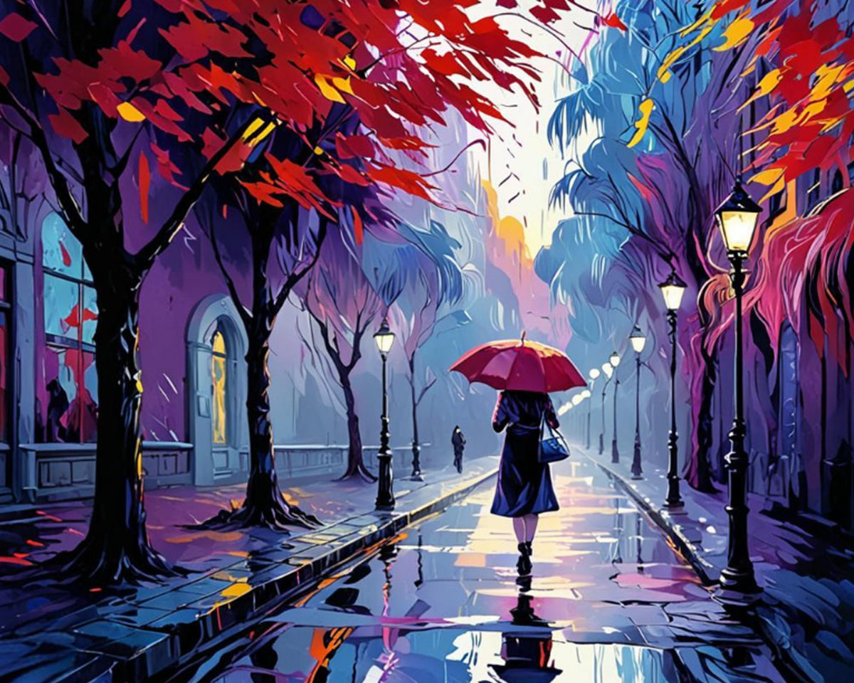Colorful street scene with a person holding an umbrella under a vibrant canopy of trees.