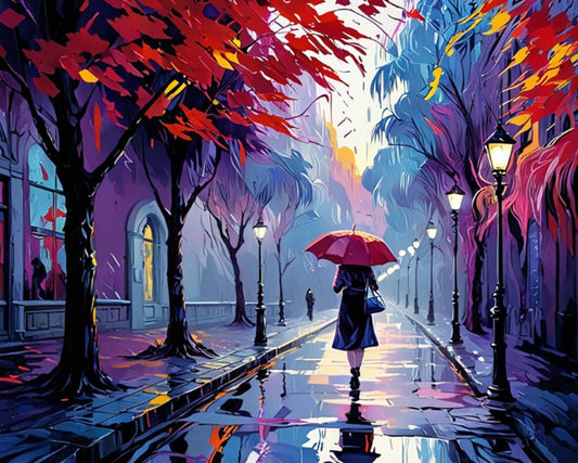 Colorful street scene with a person holding an umbrella under a vibrant canopy of trees.