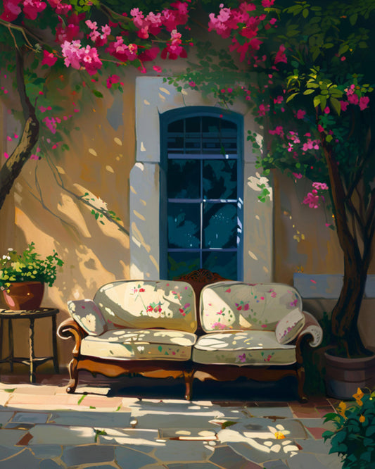 Decorative outdoor scene with a floral-patterned sofa, potted plants, and a blue window.