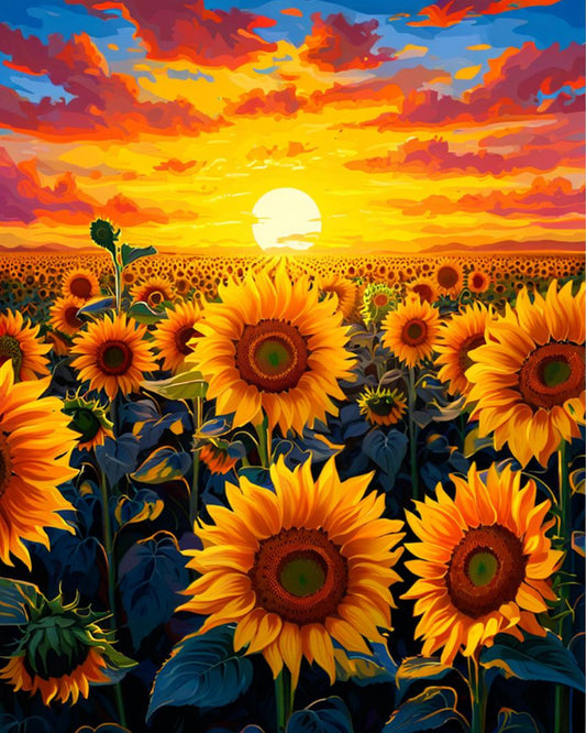 Sunflower field with a vibrant sunset sky