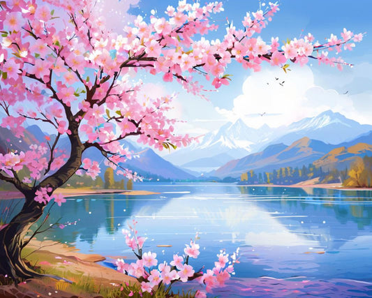 Scenic landscape with cherry blossom tree, lake, and mountains