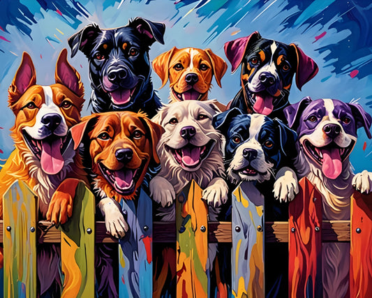 Illustration of nine colorful dogs behind a fence with a vibrant background
