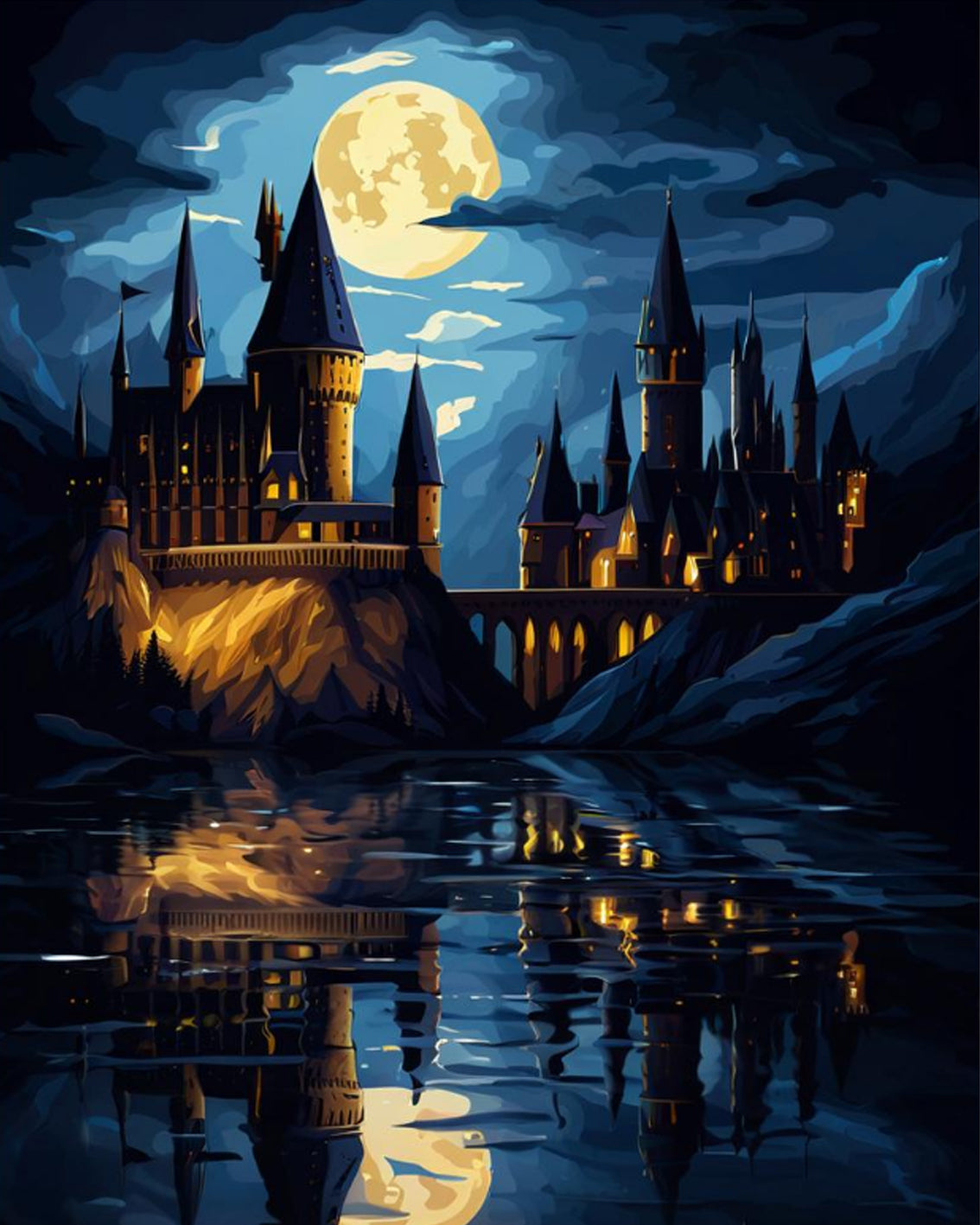 Fantasy castle at night with a full moon reflected in water