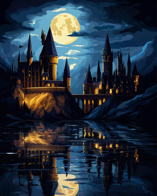 Fantasy castle at night with a full moon reflected in water