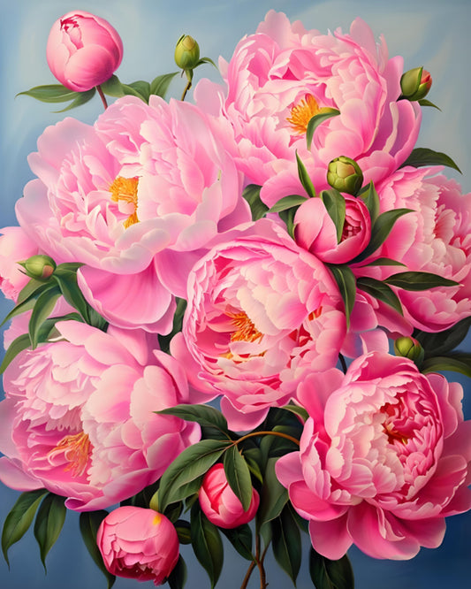 Close-up of pink peonies with green leaves against a blue background