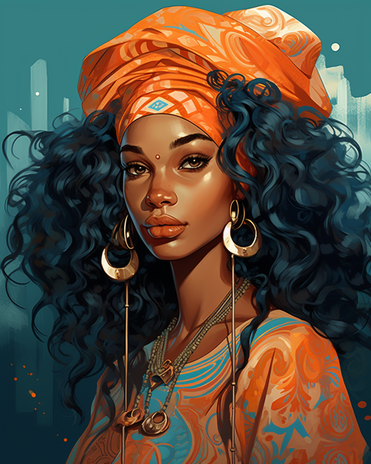 Artistic depiction of a woman with an orange headscarf and jewelry against a cityscape background