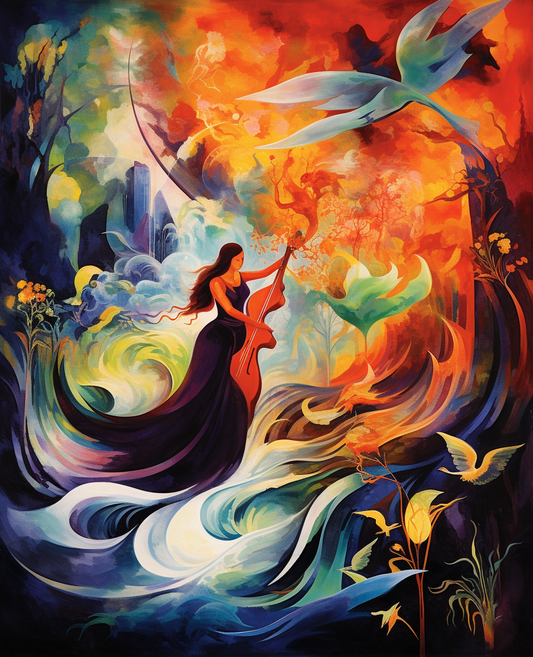 Colorful abstract painting of a woman with flowing hair and a bird-like creature.