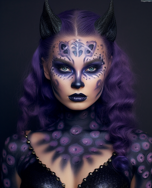 Woman with purple hair and face paint, wearing horns and a black outfit with purple patterns on a dark background.