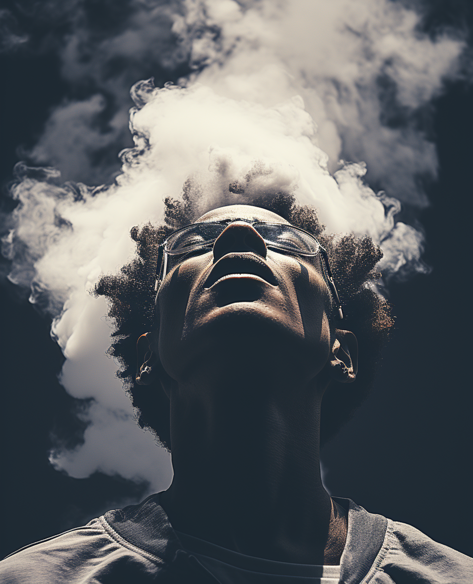 Man lets off steam against a dark background