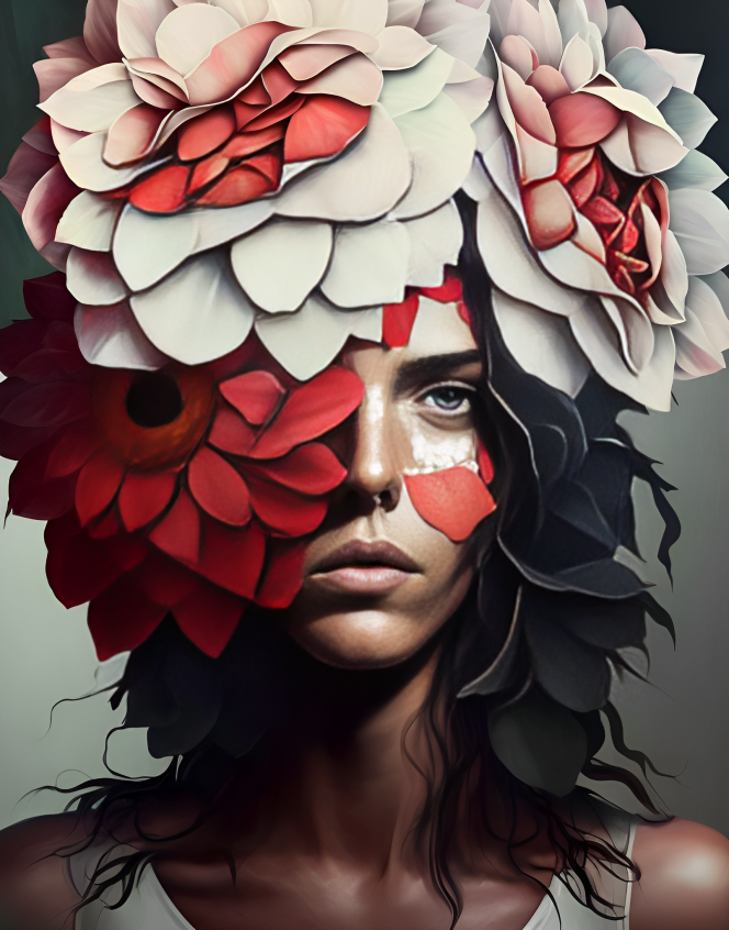 Artistic depiction of a woman's face with large, colourful flowers covering her head and much of her face.