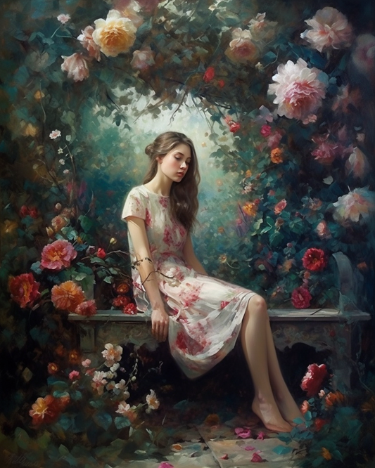 Woman in a floral dress sitting among flowers in a garden