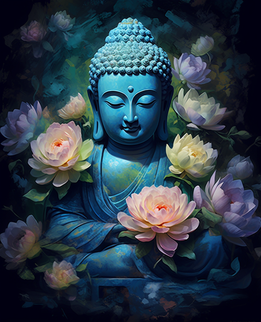 Blue Buddha statue surrounded by pink and white lotus flowers on a dark background
