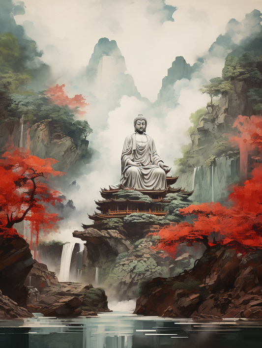 Statue of a seated figure on a rocky outcrop with misty mountains and red trees.
