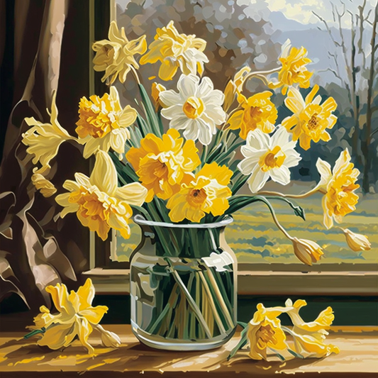 Still life painting of yellow and white daffodils in a glass vase by a window.