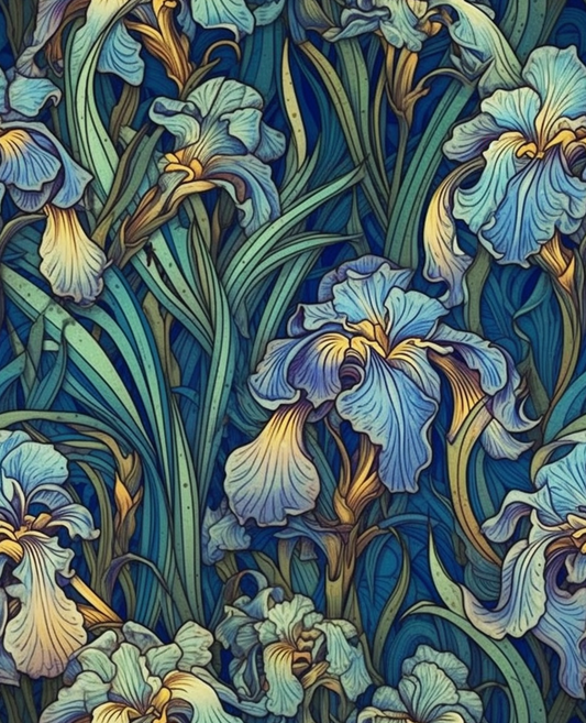 Decorative pattern of blue and yellow flowers with green leaves on a blue background