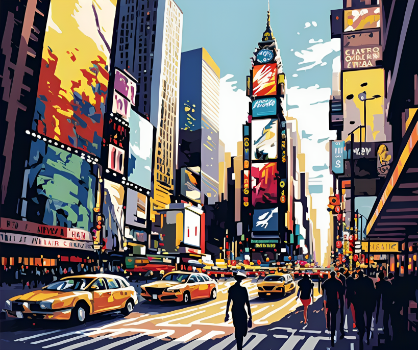 Colorful city street scene with tall buildings, billboards, and taxis.