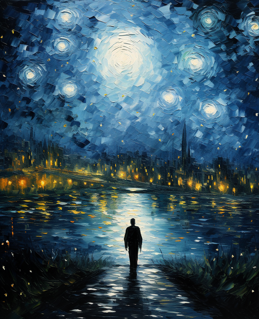Artistic depiction of a person walking on a path under a starry night sky with illuminated buildings.