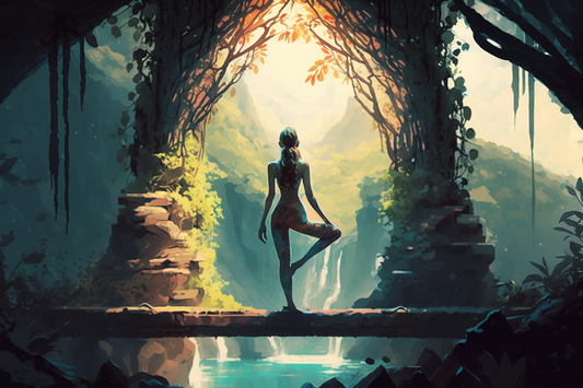 Woman meditating in a mystical forest near a waterfall