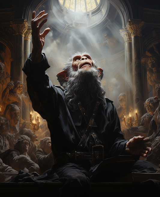 A dramatic fantasy artwork showing a bearded figure in dark robes reaching upward toward light in an ornate cathedral-like interior, surrounded by glowing candles and other figures in the background.