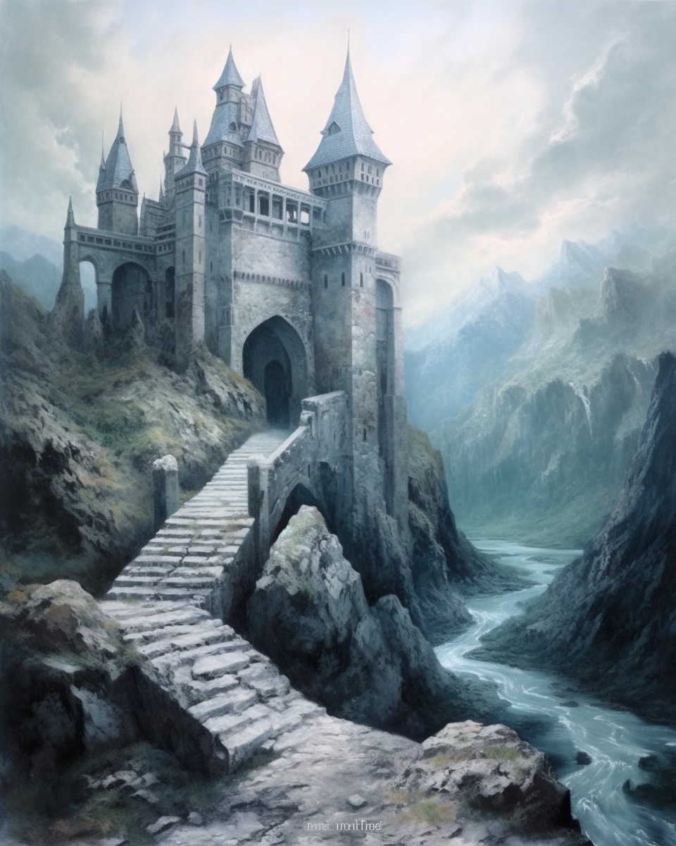 Fantasy landscape painting of a tall stone castle with multiple towers and a stone staircase leading to its arched entrance, situated on rocky cliffs beside a river in a misty mountain setting.