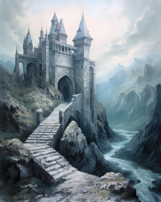 Fantasy landscape painting of a tall stone castle with multiple towers and a stone staircase leading to its arched entrance, situated on rocky cliffs beside a river in a misty mountain setting.