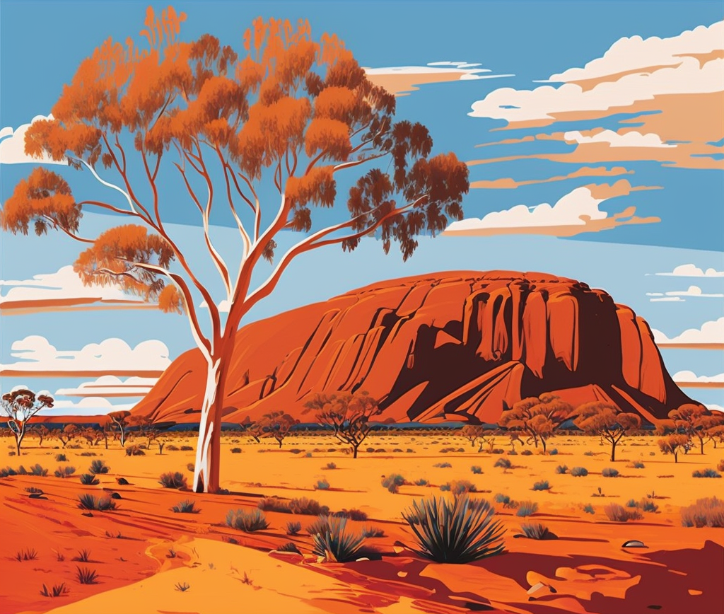 Desert landscape with a large tree and rock formation under a blue sky.