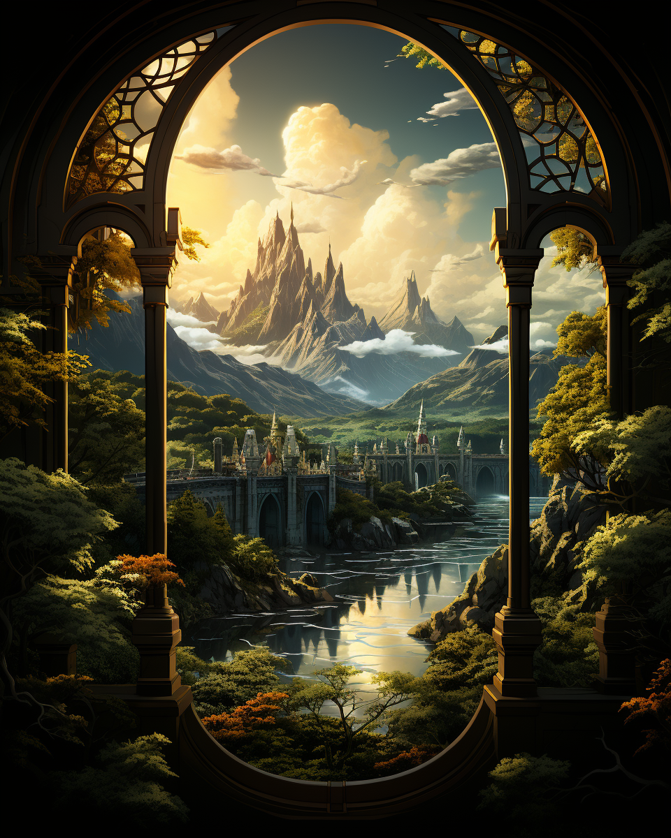 Fantasy landscape with a castle and mountains viewed through an archway.