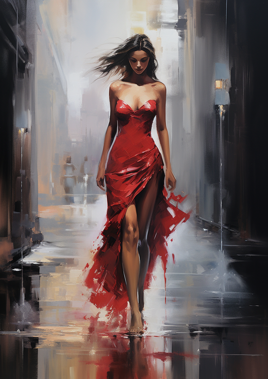 A woman in a flowing red strapless gown walks through a blurred, painterly alleyway. A soft, impressionistic style with dark shadows and warm reflections on a wet ground.