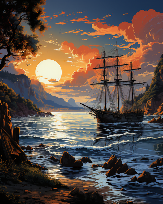 Old three-masted sailing ship at sunset with mountains and clouds in the background