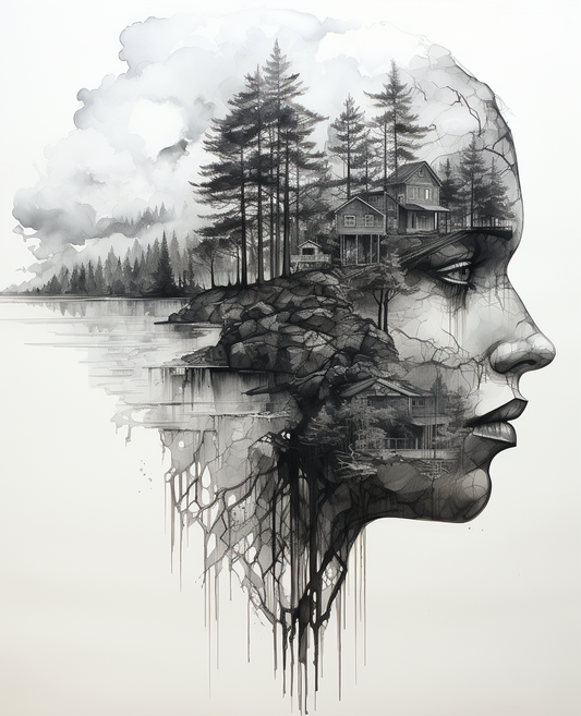 Black-and-white double-exposure piece featuring a human head profile merging with a lakeside forest cabin scene.