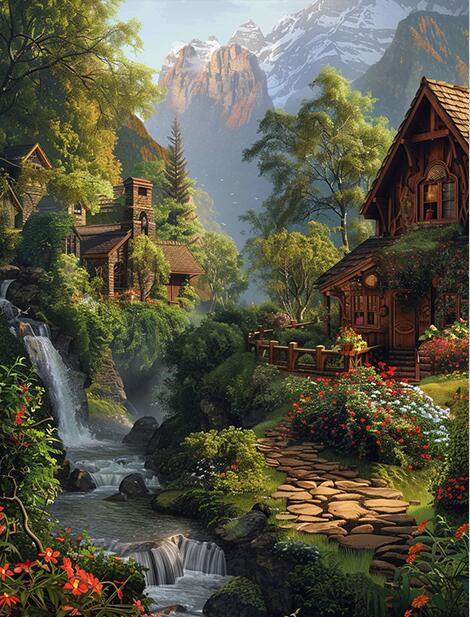 A scenic landscape artwork showing rustic wooden cabins beside a flowing stream with small waterfalls, lush green trees and shrubs, and snow-capped mountains in the background.