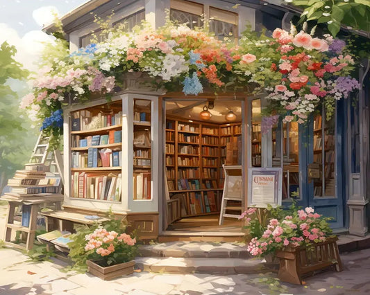 Floral-covered bookstore in a quaint outdoor setting