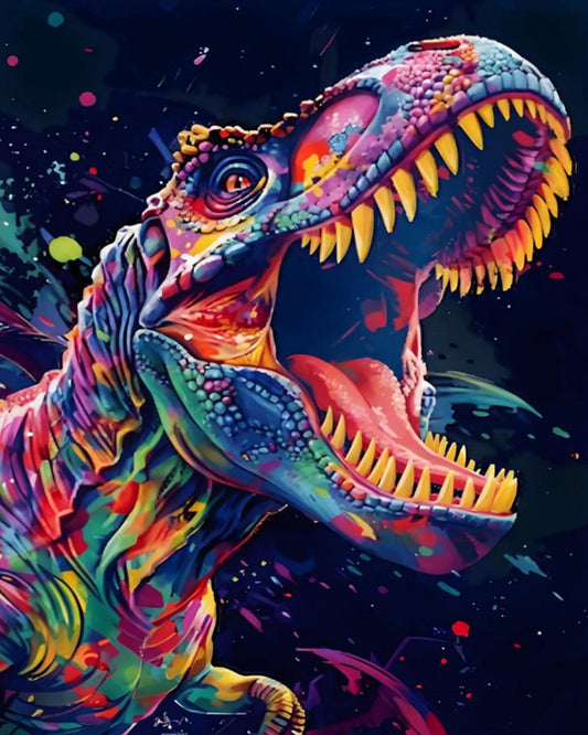 Colorful dinosaur illustration with a dark space background
