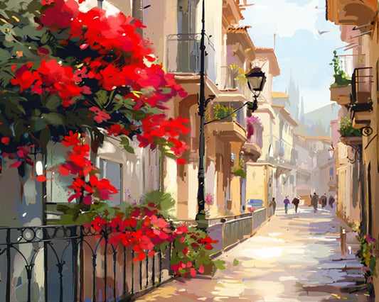 Painting of a sunlit street with red flowers and people walking