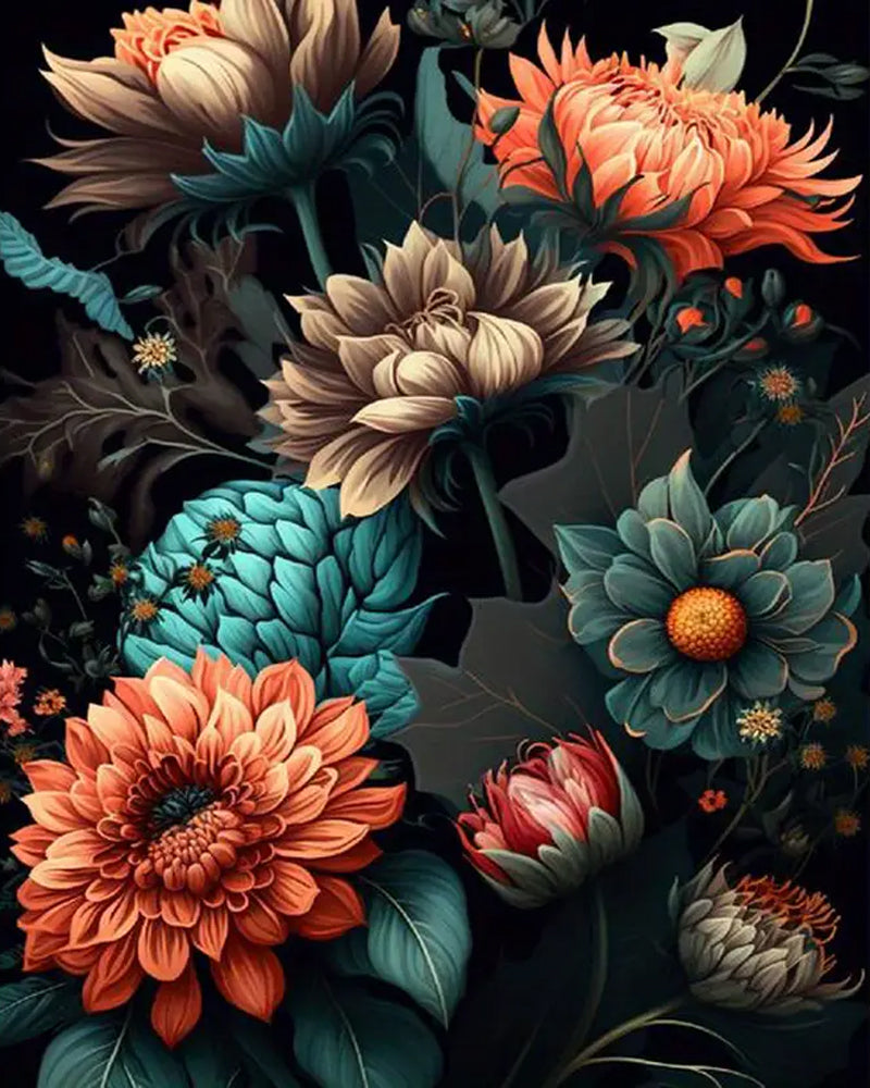 Colorful floral pattern with large flowers on a dark background