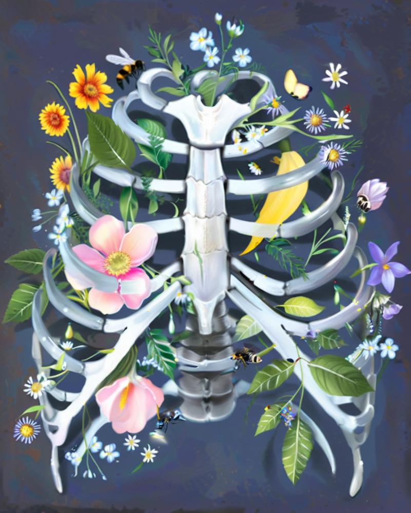 A surreal botanical illustration of a rib cage made of white bone-like ribs, surrounded by flowers, leaves, bees, and butterflies on a dark blue-gray background.