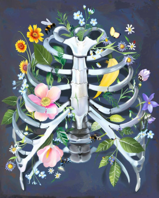 A surreal botanical illustration of a rib cage made of white bone-like ribs, surrounded by flowers, leaves, bees, and butterflies on a dark blue-gray background.