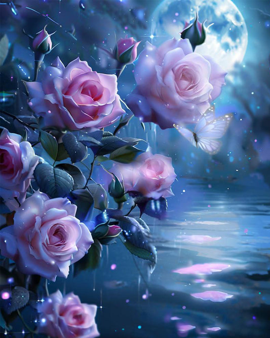 A dreanscape scene with blooming pink roses on a branch, a large full moon, a glowing butterfly, and sparkling light particles over a reflective blue water surface.