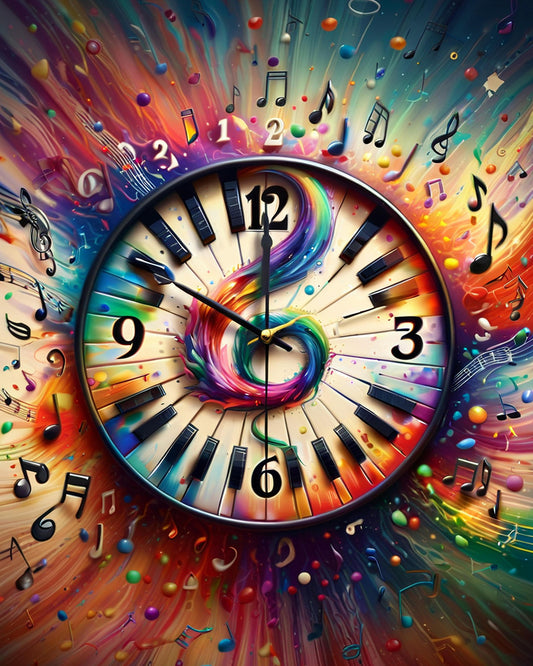 Colorful clock with musical notes and swirls on a vibrant background