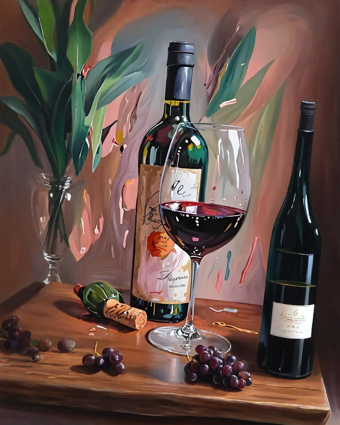 Wine bottle, glass, and grapes on a wooden surface with abstract background
