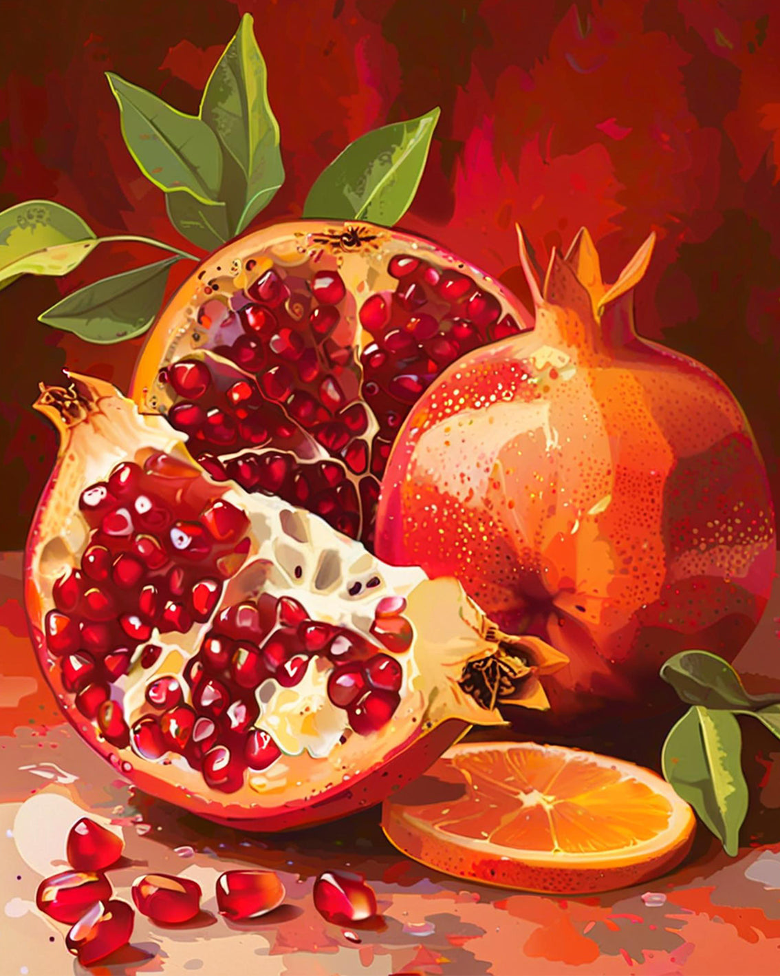 Pomegranate with seeds and leaves on a red background