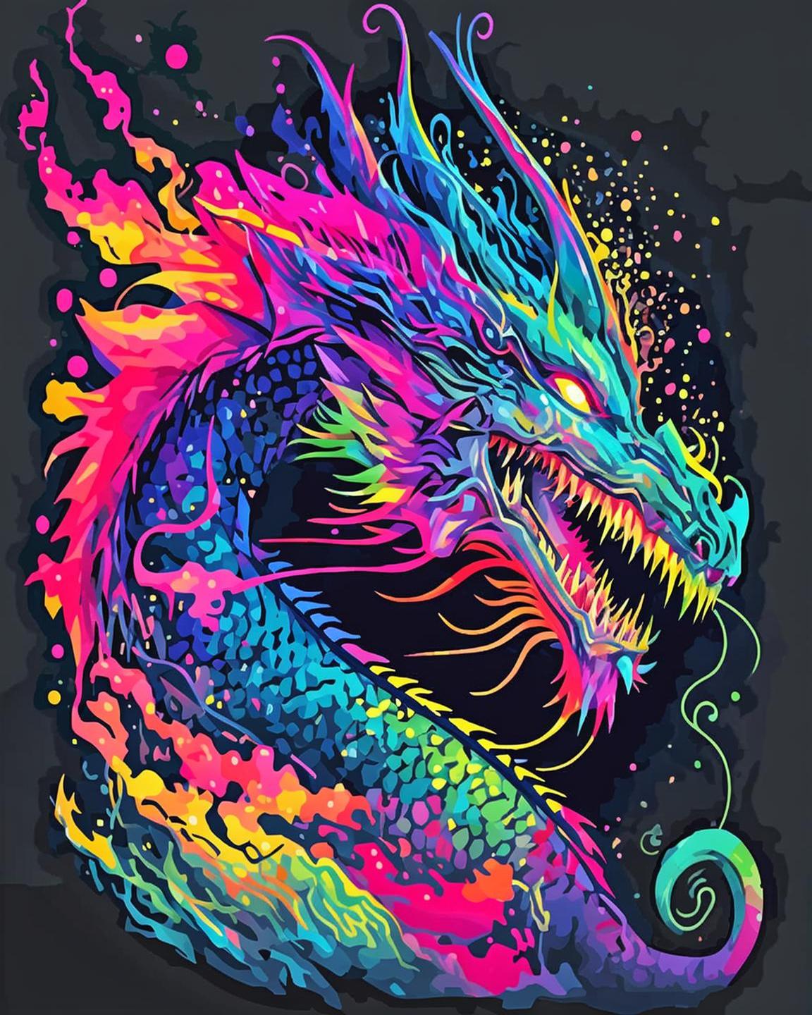 A vibrant, neon-colored illustration of a dragon with a rainbow spectrum of colours, including pink, blue, green, yellow, and purple, set against a dark charcoal background.